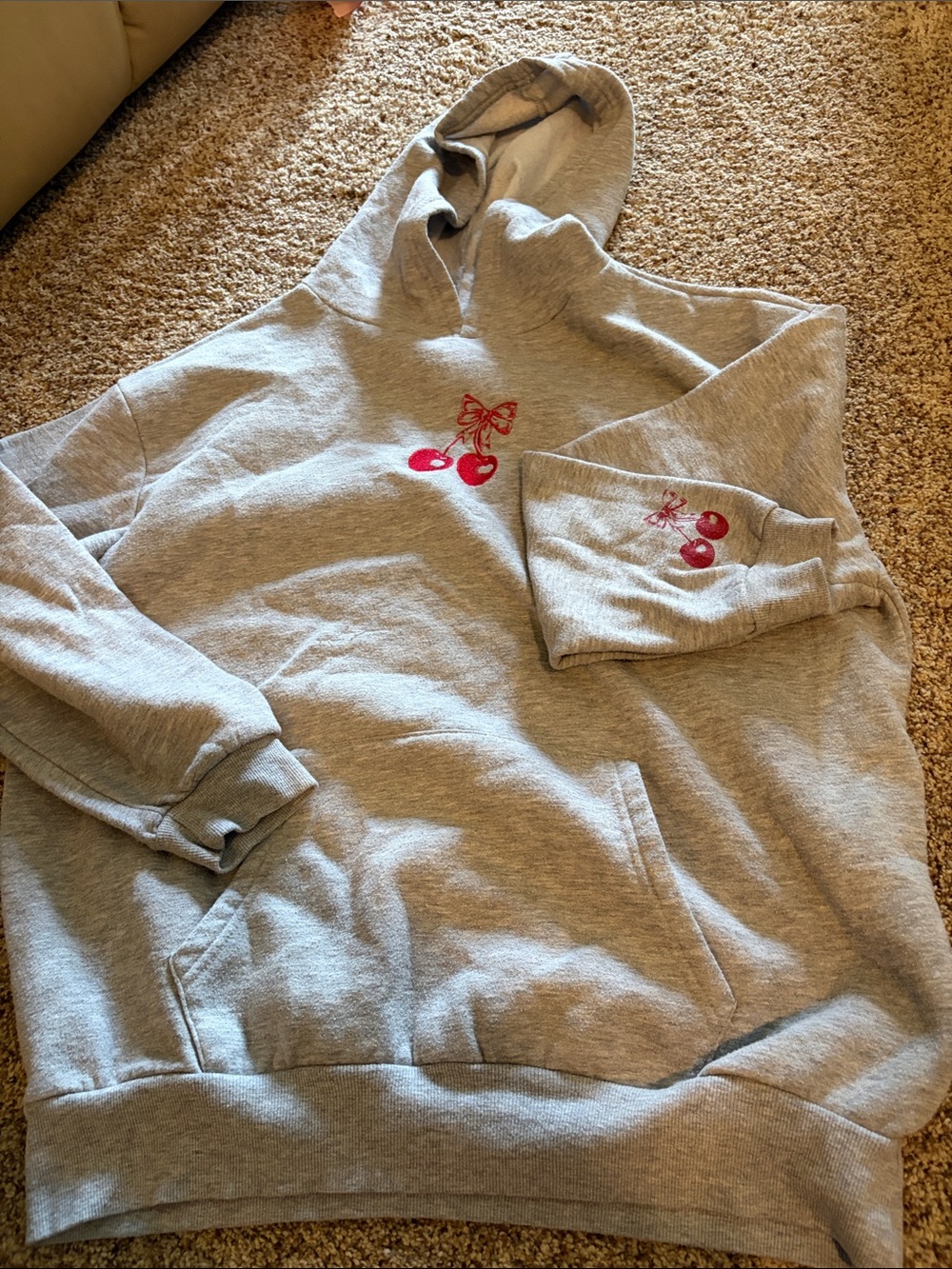Gray Hoodie Sweatshirt with Red Cherry Embroidery